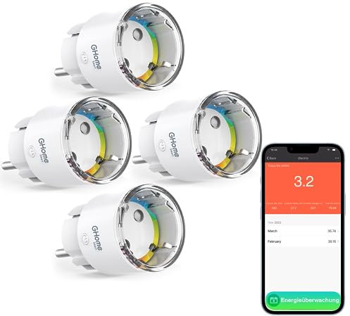 GHome Enchufe Inteligente, Enchufe Programable WIFI con Temporizador y Medidor de Consumo,Soporte para flasheo de Tasmota | control remoto por aplicación, compatible con Alexa, Google Home,4pack
