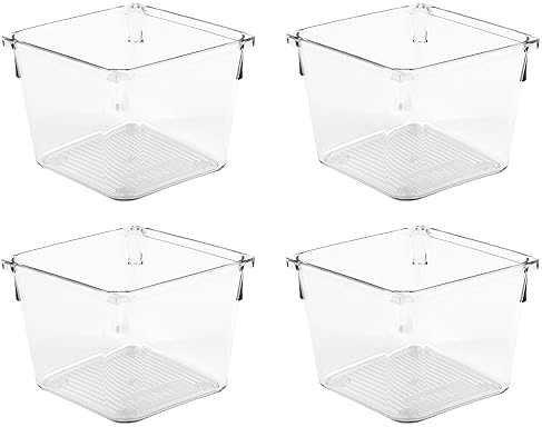 Amtido Clear Drawer Organiser Tray Set, 4 Pack – Durable Storage Containers for Kitchen, Pantry, Office & Cosmetics – Plastic Drawer Organiser Fits Drawers, Cupboards & Fridge - 10.2 x 10.2 x 8.3cm