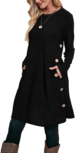 Aokosor Jumper Dress for Women Tunic Dress Ladies Long Sleeve Dress with Pockets Side Buttons Dress for Leggings