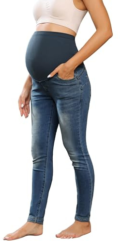 Maacie Pantaloni premaman lunghi elastici per gravidanza, comodi jeans primaverili estivi, Blu scuro con orli arrotolati, L
