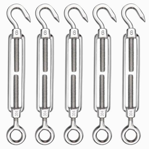 TooTaci 5 Stück M6 Spannschloss, Seilspanner Edelstahl 304, Verstellbare Spannschlösser mit Haken Und Öse Drahtspanner, Seilspanngarnitur für Gartendraht, Zaunspanner, Sonnensegel, Wäscheleinenspanner