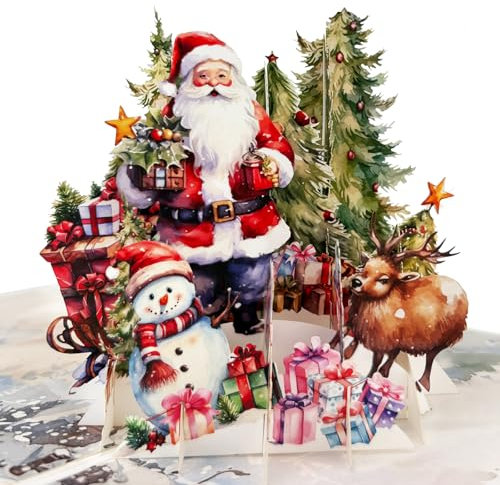 Hierein Carte de Voeux Noel, Sapin de Noël et Père Noël Carte Pop Up avec Enveloppe, Bonhomme de Neige et Wapiti Cartes de Noël 3D pour Femme Maman Petite Amie Famille Amis Enfants, Cadeau de Noël