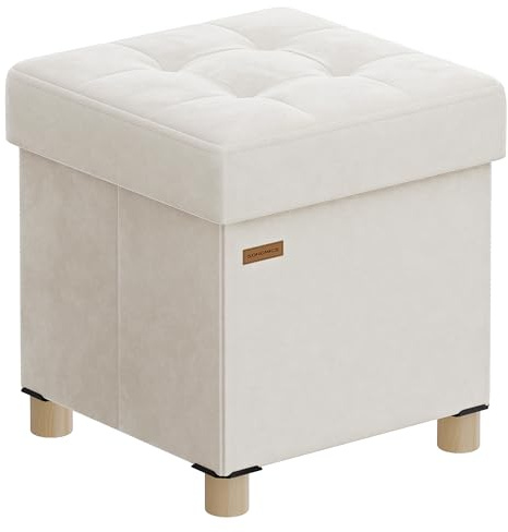 SONGMICS Pouf Contenitore Cassapanca Pieghevole, 38 x 38 x 40 cm, Sgabello Poggiapiedi, 37 L, Superficie in Velluto, per Camera da Letto Soggiorno, Beige Cappuccino LSF0516W02