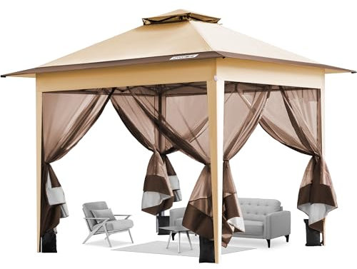 VIVOHOME Cenador de Jardín 3x3 m con Doble Techo de Ventilación 4 Cortinas Mosquiteras Laterales de Malla Protección UV50+ Bolsa con Ruedas Gazebo para Fiestas