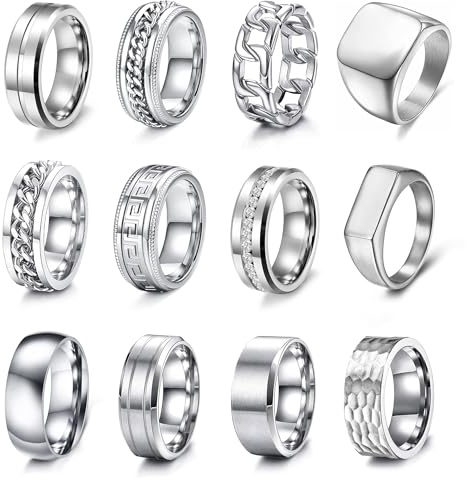 EIELO 12Pcs Stainless Steel Band Rings for Men Women Square Signet Pinky Thumb Ring Silvery Chunky Thick Dome Cuban Link Chain Ring Simple Cool Finger Wedding Ring Set Size 9