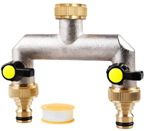 Robinet 2 Voies en Laiton, Distributeur D'eau 2 voies en Laiton, Robinet Double Sortie 2 Voies en Laiton, Vanne 2 Voies Distributeur, 3/4 Pouce Adaptateur Arrosage pour Régler, Arrêter le Débit D'eau