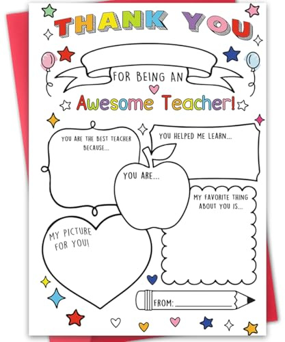 Hongshan Thank You Card for Teacher,Fill in the Blanks,Funny Appreciation Card Gift,Teacher Thank You Gifts Card from School Kids Students with Envelopes