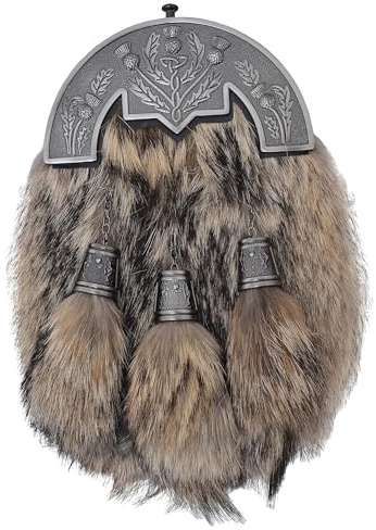 Sporran écossais de kilt de tenue complète avec fourrure marron et chardon argenté antique Cantle - Accessoire formel traditionnel des Highlands pour hommes - Ceinture de sporrans en cuir, marron