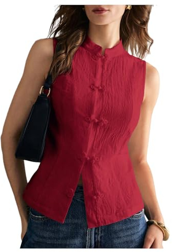 SHENHE Women's Linen Shirt Chinese Frog Button Stand Collar Tank Sleeveless Going Out Tops Rose Red Large