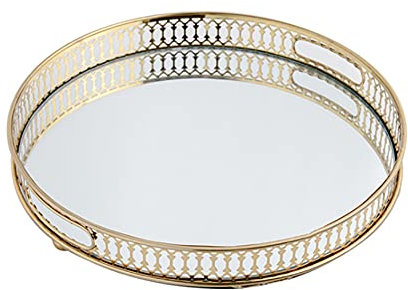Wulimasun Spiegeltablett, Parfümtablett, goldfarben, dekorativ, Metall, Retro, Spiegel, Glas, Aufbewahrung, Tablett, zum Platzieren von Parfums, Kosmetik, Schmuck (32 x 4 cm)