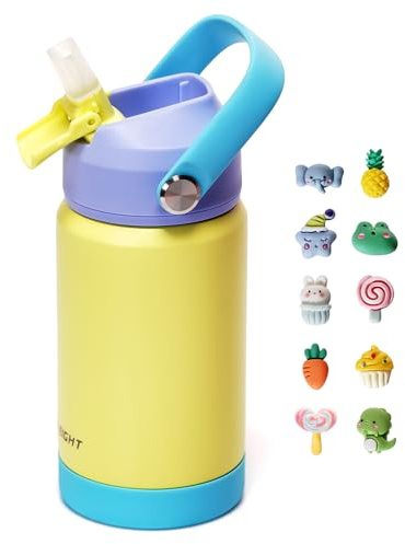 pluseight Kids Insulated Water Bottle with Straw Lid, 350ml BPA-Free Double Wall Vacuum Tumbler 18/8 Stainless Steel Leak Proof Kids Cups with Straw for School Travel Boys Girls (Yellow)