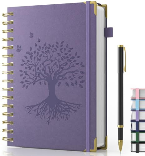 Carnet de Notes A5 avec stylo, carnet à spirale à couverture rigide, journal ligné de 240 pages, papier à l'encre 100 g/m², journal pour adultes, travail, écriture, voyages, 14,5 x 21 cm - Violet