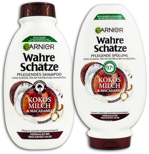 2 er Haarpflegeset Garnier Wahre Schätze Kokosmilch & Macadamia Shampoo + Spülung 250 +200 ml