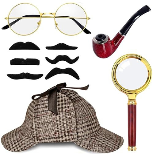 BUKYCAT Sherlock Holmes Kostüm Accessoires, Detektiv Kostüm Zubehör Set, Sherlock Holmes Zubehör, Detektiv Zubehör Mit Braunem Detektiv Hut Lupenbrille Brille Fake Schnurrbart Für Dress up Party