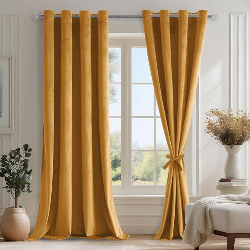 DWCN Juego De 2 Cortinas De Terciopelo Amarillo Mostaza con Ojales, 245 X 140 cm, Cortinas Opacas De Terciopelo con Corbatas para Dormitorio, Oscurecimiento Suave, Cortinas Térmicas Gruesas para