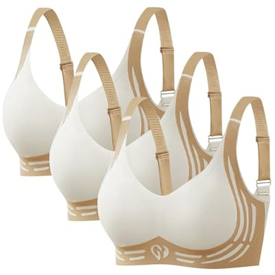 Women's Everyday Bras 3 Pack Lifting Anti-Sagging Bra for Older Women Super Gather Wireless Push-Up Bras Comfortable Full Coverage Ladies V Neck Padded Non Wired Seamless T Shirt Sports Bralettes
