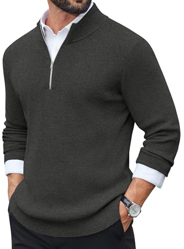 COOFANDY Jersey Hombre de Tejido Fino Cuello Alto Media Cremallera Manga Larga Suéter para Invierno Jersey de Trabajo Gris Oscuro S