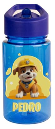 DEREGALOOS Botella Infantil Personalizado 440 ml. Bidón Escolar con Nombre, Pajita y Asa. Diseño Patrulla Perros Bomberos en Rojo, Azul o Amarillo. Regalo Original para Niños (Azul - Rubble)