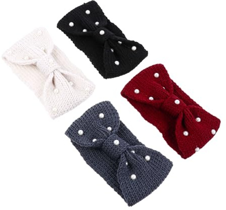 Ipetboom 4pcs Bowknot Knitted Winter Hair Bands Pearls Warm Headbands for Women and Girls Fashion Hair Accessories