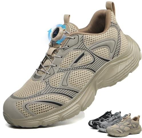 Zapatos de Seguridad para Mujer Hombre Zapatillas Trabajo con Punta de Acero 36-46 EU Ligeros Transpirable Antideslizantes Comodo con Hebilla Giratoria, Marrón, 43 EU