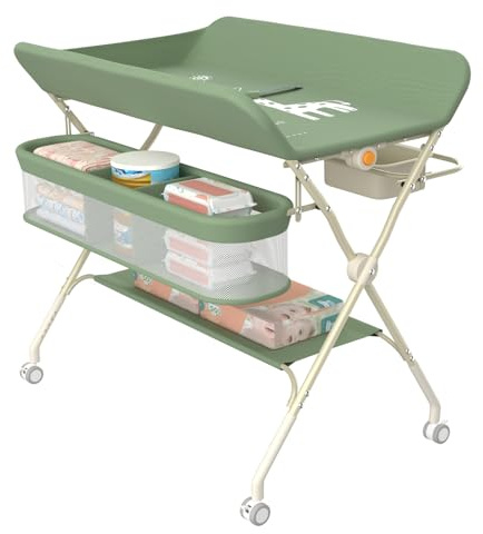 MUL-BOUTIQUE Table a Langer Pliante avec Panier de Rangement,pour Nouveau-né, Charge Max 25KG,Réglable en Hauteur,Table a Langer Bebe avec roulettes,80 * 73 * 86-94 cm (Vert)
