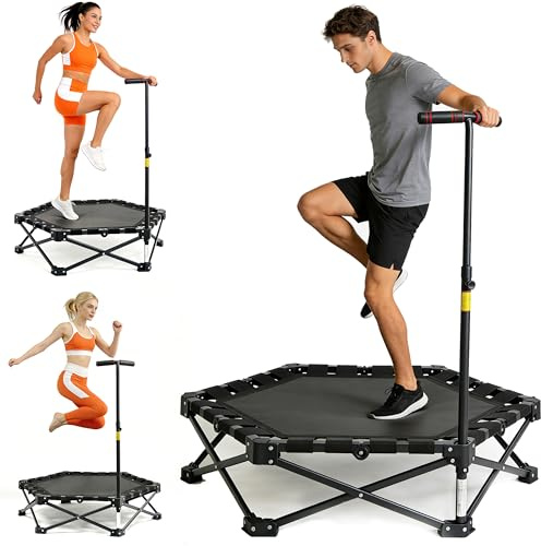 Orisyn Trampolín plegable de 106 cm, con ajuste de altura de 3 niveles, sin montaje, para interior y fitness con marco robusto en X, silencioso, antideslizante para entrenamiento en casa y diversión