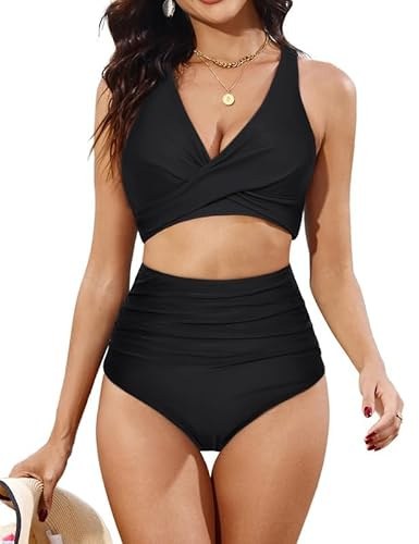 JASAMBAC Bikiniset för kvinnor mage, Twsit Cross Push up bikiniöverdel och bikiniunderdelar med hög midja, mjuka högkvalitativa badkläder, baddräkter för strand, pool med justerbara axelband