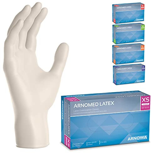 ARNOMED 100x Guanti lattice monouso XS Bianco, Guanti monouso senza polvere, Guanti usa e getta resistente, Per meccanico, pulizia casa, alimenti e tattoo XS, S, M, L, XL