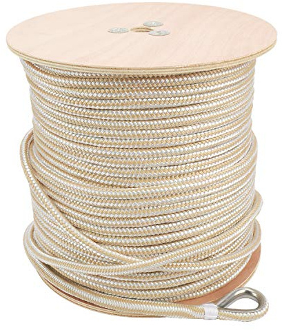 NovelBee 1/2 Inch X 600 Feet Double Braid Nylon Anchor Line with Stainless Steel Thimble and Wood Chuck (White/Gold)