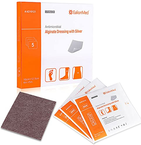 Silver Calcium Alginate Wound Dressing Pad, 4’’x5’’ Patch, High Absorbency Non-Stick Ag Gauze for Pressure Ulcer,Bed Sore,Leg Sore,Diabetic Foot Ulcer, 5 Packs