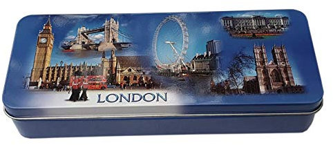Blue Sky London Photo Collage Metal Pencil Case - Big Ben - Tower Bridge - Buckingham Palace - Westminster Abbey - Eye - Royal Guard - Red Double Decker Bus - British UK Souvenir for School or Office