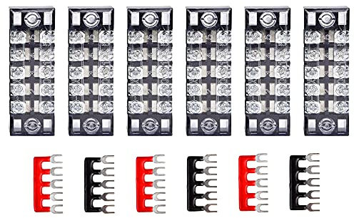 HUAZIZ 6 Pezzi Barriera Terminale a Vite da 600V 15A Morsettiera a Doppia Fila 5 Position + 6 Pezzi Stripes Terminal Rossa e Nera