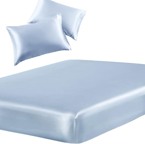 SiinvdaBZX 3-Piece Set Satin Queen Fitted Sheet & 2 Pillowcase, Baby Blue Silky Soft Fitted Bottom Sheet, Wrinkle Free, Fade Resistant, Deep Pocket Bed Sheet (Deep Up to 15)