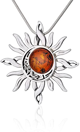 AMBEDORA, Collana da donna in ambra baltica, argento 925 ossidato, ciondolo celtico del sole e della luna su catena, set regalo