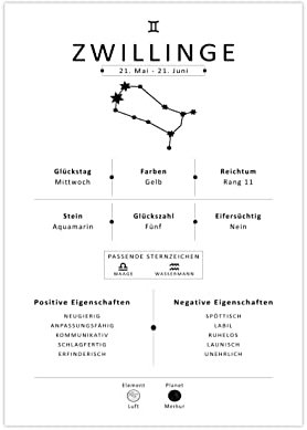 Generisch Sternzeichen Zwillinge Poster | Bild Tierkreiszeichen A3 (42 x 29,7 cm)