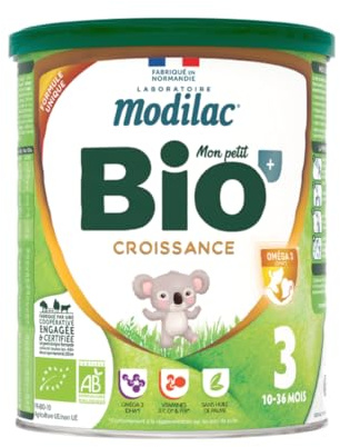 Modilac - Lait Infantile en Poudre Bio+ Croissance - Lait Écrémé Français, Riche en Acides Gras Essentiels, Certifié AB, Fabriqué en France Sans Huile de Palme - 12 à 36 Mois - 800g