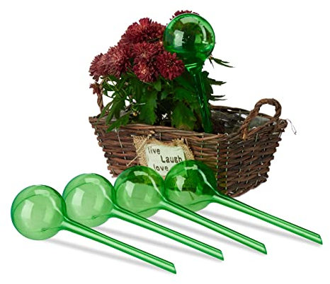 Relaxdays Sfere per Irrigazione, Set da 5, HxD: 28x8 cm, Irrigatori da 250 ml per Piante e Fiori in Vaso, Verde