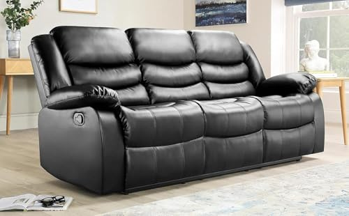 Generico Sofá reclinable de piel negra de 3 plazas | Sofá Relax de lujo con portavasos, estructura de madera y cojines de alta densidad – Perfecto para salón y cine en casa