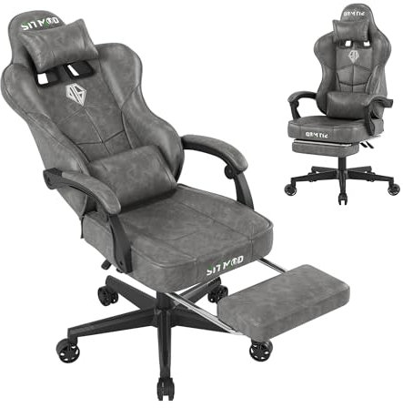 SITMOD Silla Gaming Ergonómica con Cojín Lumbar & Reposacabeza, Silla Gamer Reclinable Silla Cómoda de Altura Ajustable de Cuero PU| Ruedas 360°, 90°-150° con Reposapiés para Adultos, Gris