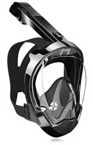 Riebex Maschera subacquea per adulti, con maschera integrale a 180°, anti-appannamento ad alta definizione, antiCO2, con custodia, per snorkeling (nero, S/M)