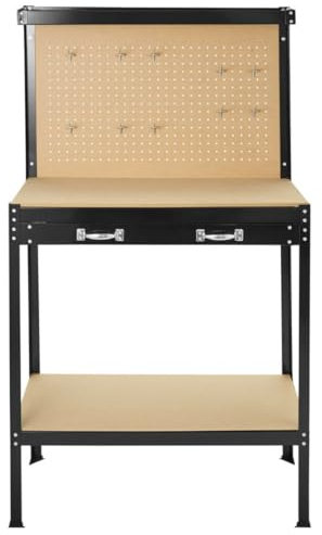 Kombo Banco da Lavoro in Metallo con Pannello Portautensili, 90x48x140 cm, Piano MDF, 2 Cassetti, Portata 100 Kg, Nero