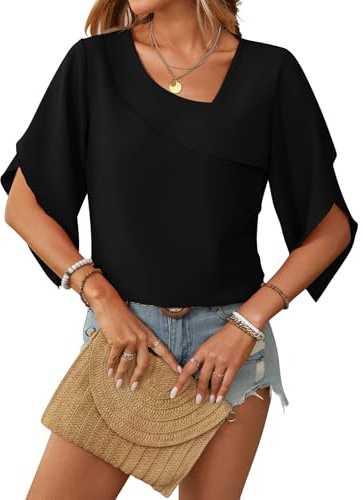 LEKOPUR Chemisier en mousseline de soie à manches 3/4 - Élégant col en V - Haut festif pour tenue de fête - Tunique pour femme, Noir , XXL