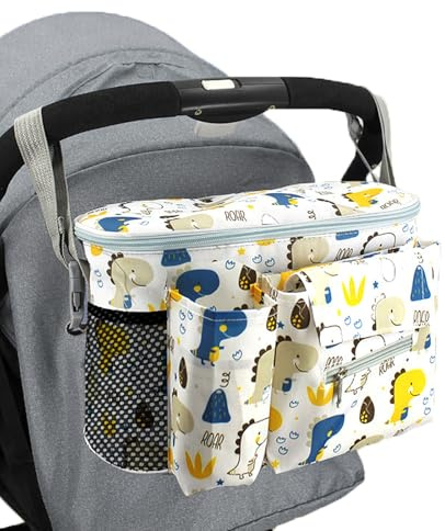Universal Baby Stroller Organizer with Insulated Cup Holder & Adjustable Straps Pram Bag for Buggy Handlebar Fits Most Strollers (White)