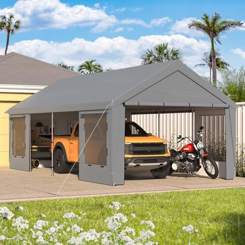 EROMMY 12' x 24' Heavy Duty Carport，Portable Garage with Steel Frame & UV Protection, All-Season Car Canopy with Removable Sidewalls, Car Port for Tractor, Truck, Boat, Outer Gray and Inner White