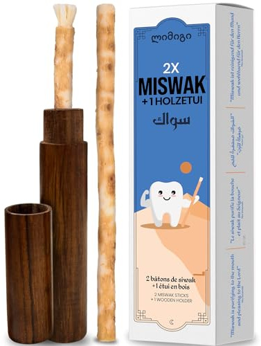 MODOGO Siwak Brosse à Dents Naturelle x2 avec Étui en Bois, Miswak | Blanchissant, nettoyant et désinfectant, racine de Salvadora Persica, végan, soin des dents sans plastique ni dentifrice