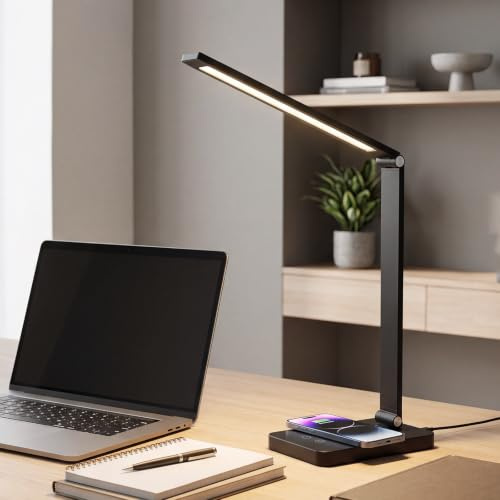 LQWELL Touch LED-skrivbordslampa, hopfällbar sänglampa, laddningsfunktion, 3000K-6000K och dimbar ljusstyrka, 90° rotation, 1,5 m nätsladd, 1 kontakt, svart