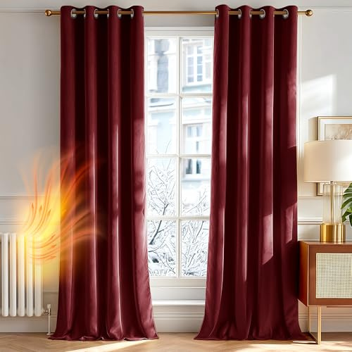 Deconovo Cortinas Elegantes de Interior de Terciopelo – Juego de 2 Paneles Modernos con Ojales, Decorativas para Ventanas de Dormitorio, Salón y Estancia, 140×260 CM, Burdeos