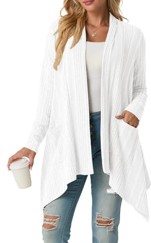 GRECERELLE Cardigan en tricot léger à manches longues pour femme avec poches, ourlet asymétrique doux