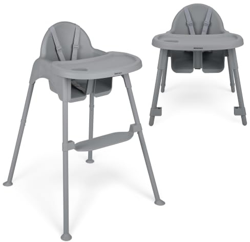 KikkaBoo Tronas de Bebé OATY 2 en 1, Silla Convertible hasta 15 kg y 3 Años, Doble Bandeja con Portavasos, Arnés 5 Puntos, Patas Antideslizantes, Reposapiés Ajustable, Gris