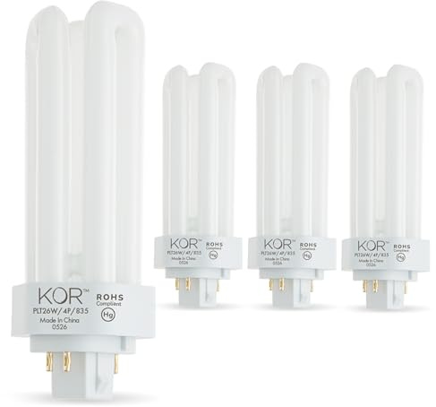 KOR (Pack of 4 26 Watt Triple Tube - GX24Q-3 (4 Pin) Base -3500K White - CFL Light Bulb - Philips 268243 PL-T 26W/35/4P/ALTO - GE 97616 F26TBX/835/A/ECO